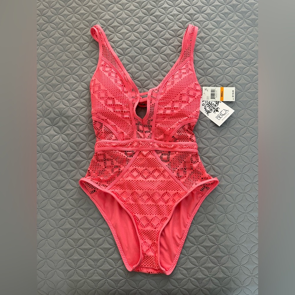 Becca by Rebecca Virtue Crochet Plunge One-Piece Swim Suit